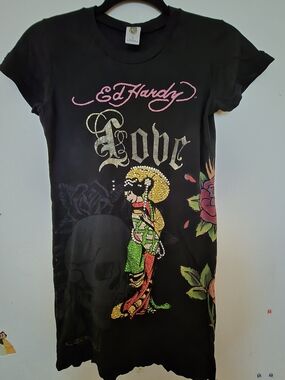 Ed Hardy Vintage Y2K Black Rhinestone Tattoo Geisha Tee Dress